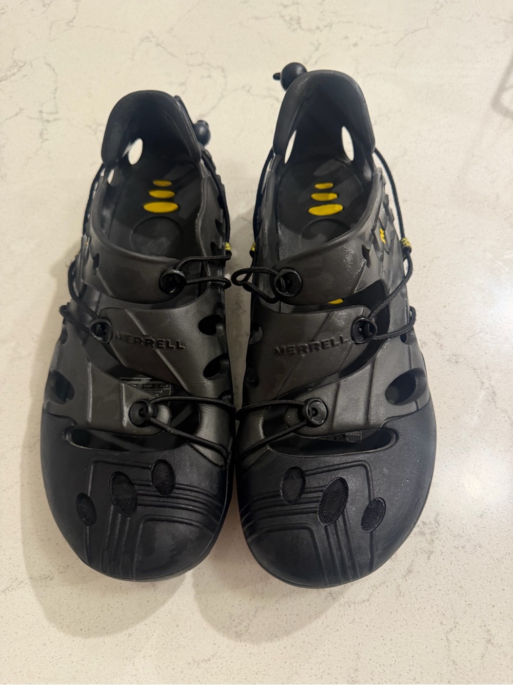 Merrell Men’s Black Slip-On Water Sandals with Yellow Accents